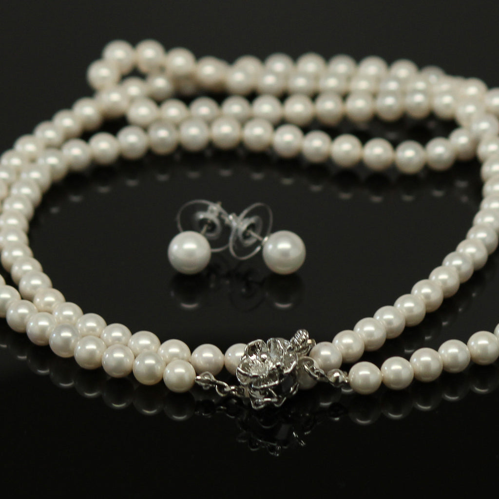 Synthetic pearl 6 mm necklace and earring set - White